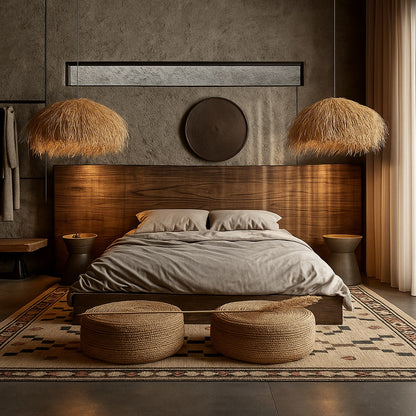 Abat-jour suspension en rotin naturel, lumière douce créant une ambiance chaleureuse dans une chambre moderne.