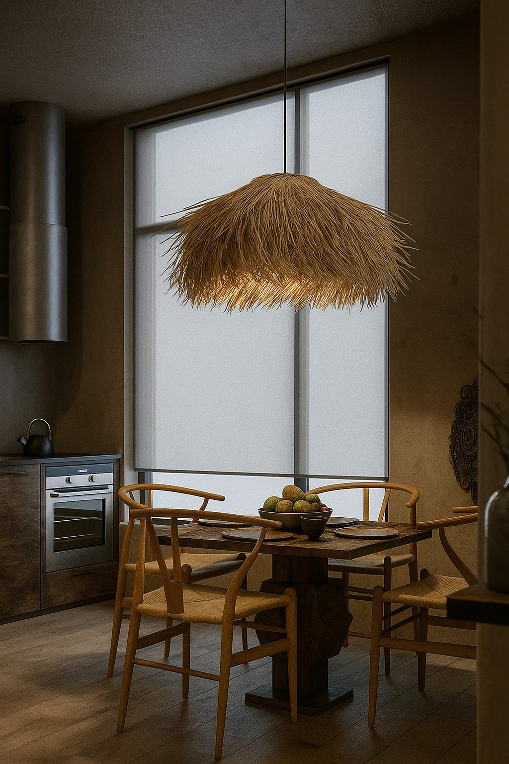 Suspension abat-jour rotin au-dessus d’une table, éclairage doux et design naturel dans une cuisine élégante.