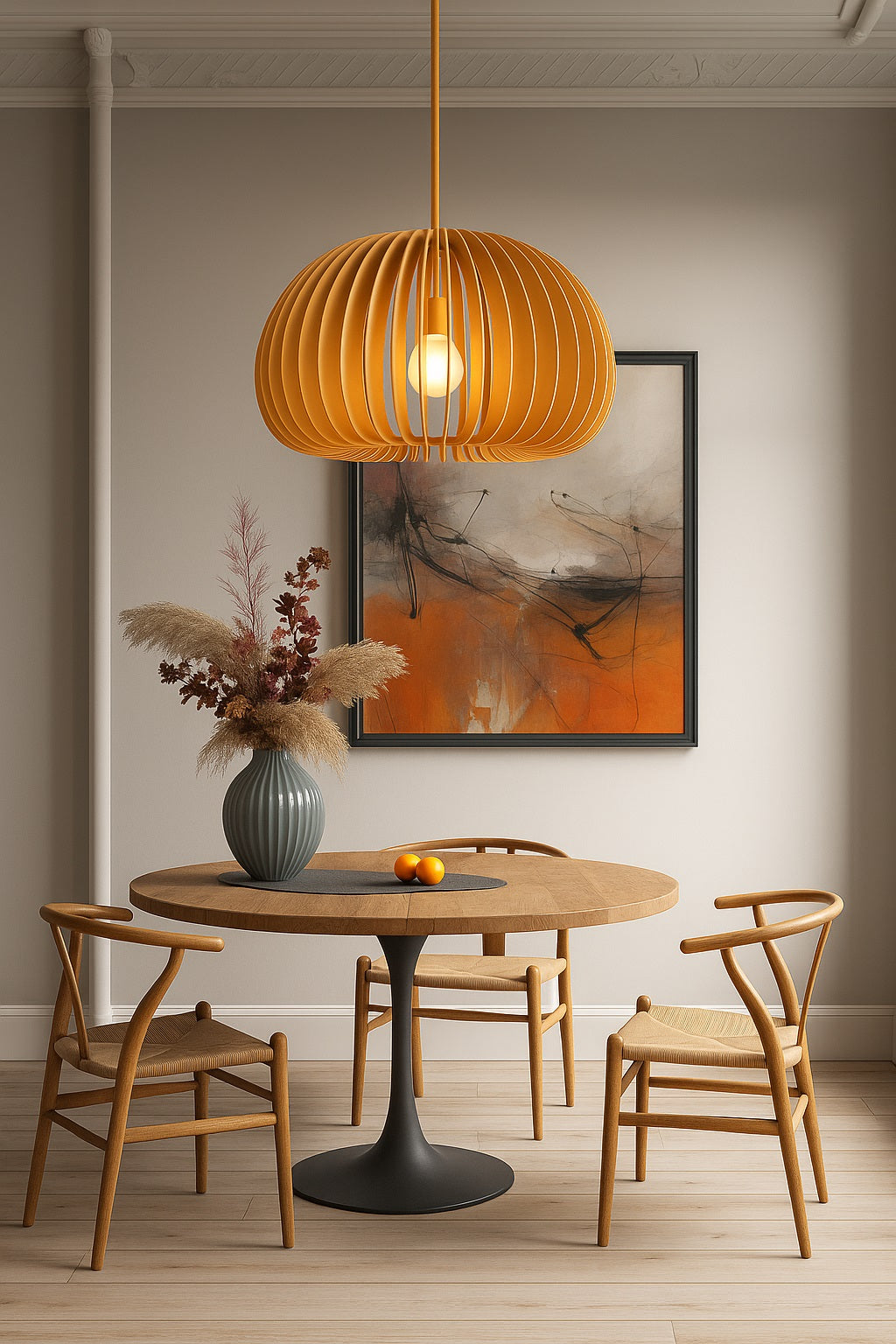 Suspension Vera en rotin ajouré suspendue au-dessus d’une table ronde, dans un intérieur naturel au style contemporain.