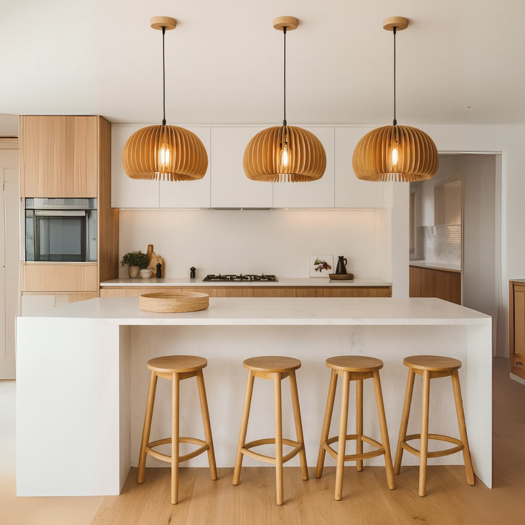 Abat-jour scandinave en bois suspendu au-dessus d’un îlot central moderne dans une cuisine lumineuse et épurée.