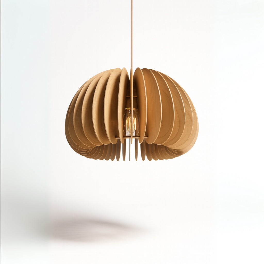Abat-jour scandinave en bois clair suspendu sur fond blanc, au design naturel et minimaliste en lamelles fines.