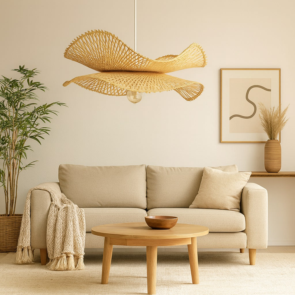 Abat-jour suspension rotin ondulé dans un salon beige, déco naturelle et élégante.