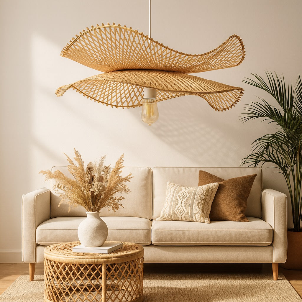Abat-jour suspension rotin design dans un salon lumineux, décor minimaliste et naturel.
