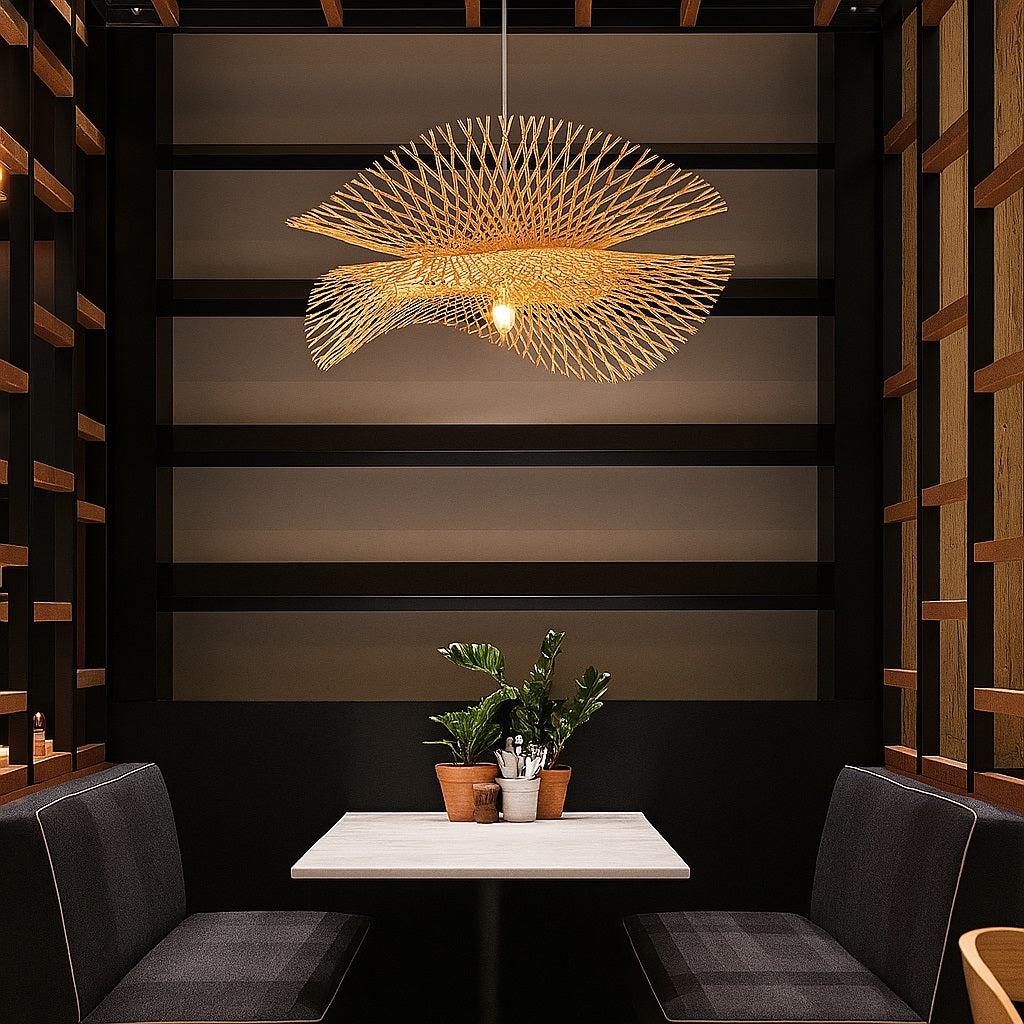 Suspension design en rotin tressé au-dessus d’une table de restaurant cosy à l’ambiance contemporaine.