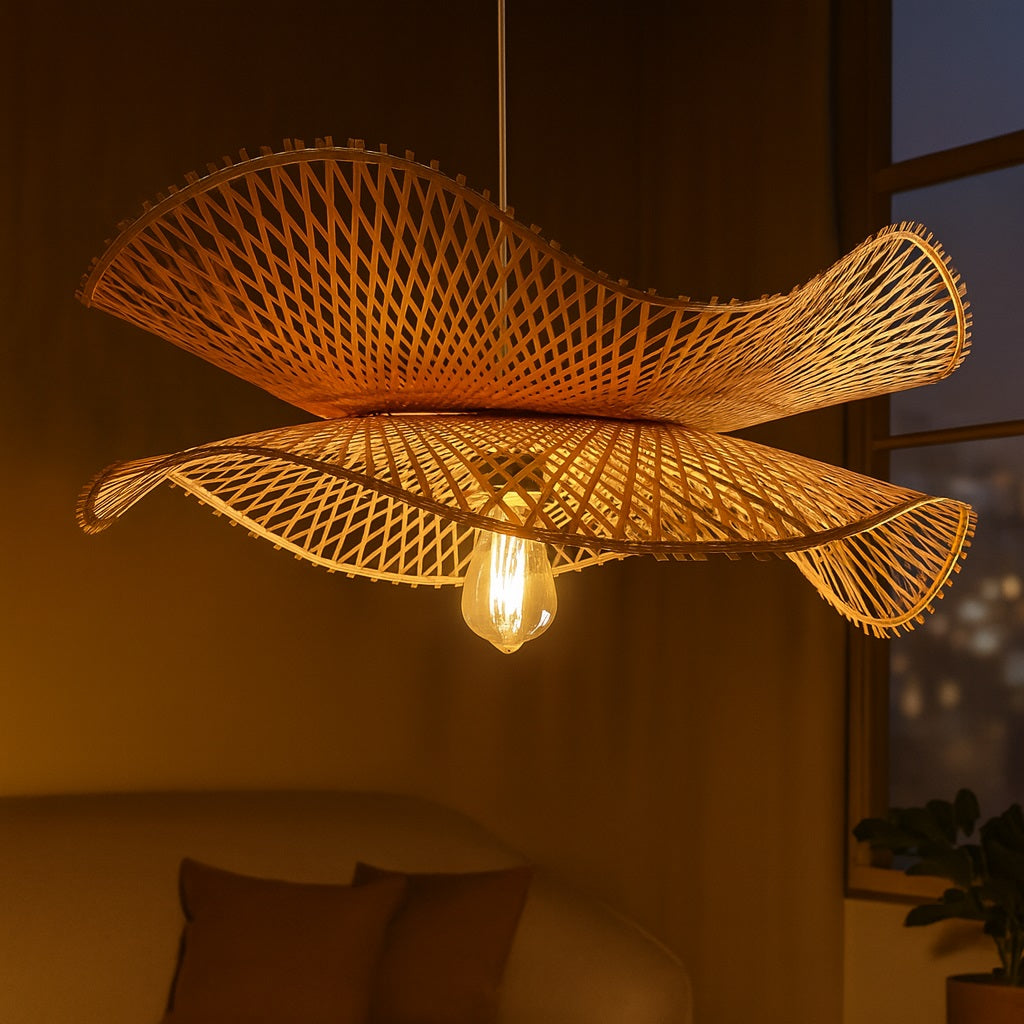 Abat-jour suspension rotin allumé la nuit, tressage sculptural et lumière chaleureuse.