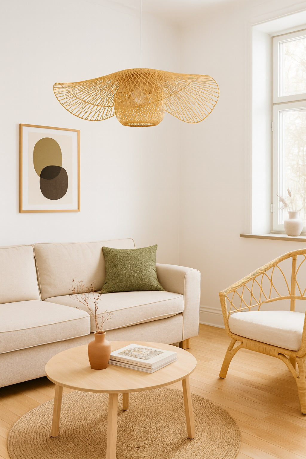 Abat-jour rotin tressé en suspension, déco minimaliste et ambiance naturelle.