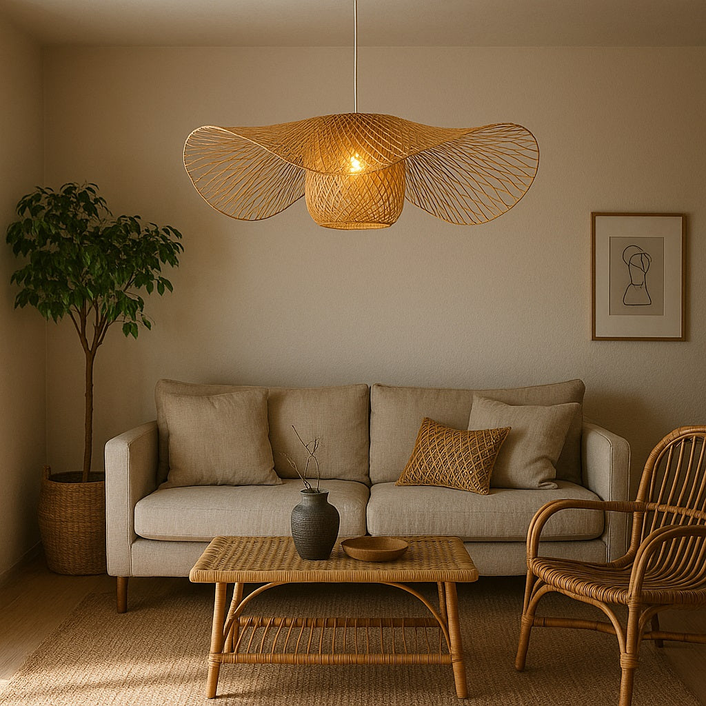 Abat-jour suspension rotin éclairant un salon cosy aux tons beige et bois.