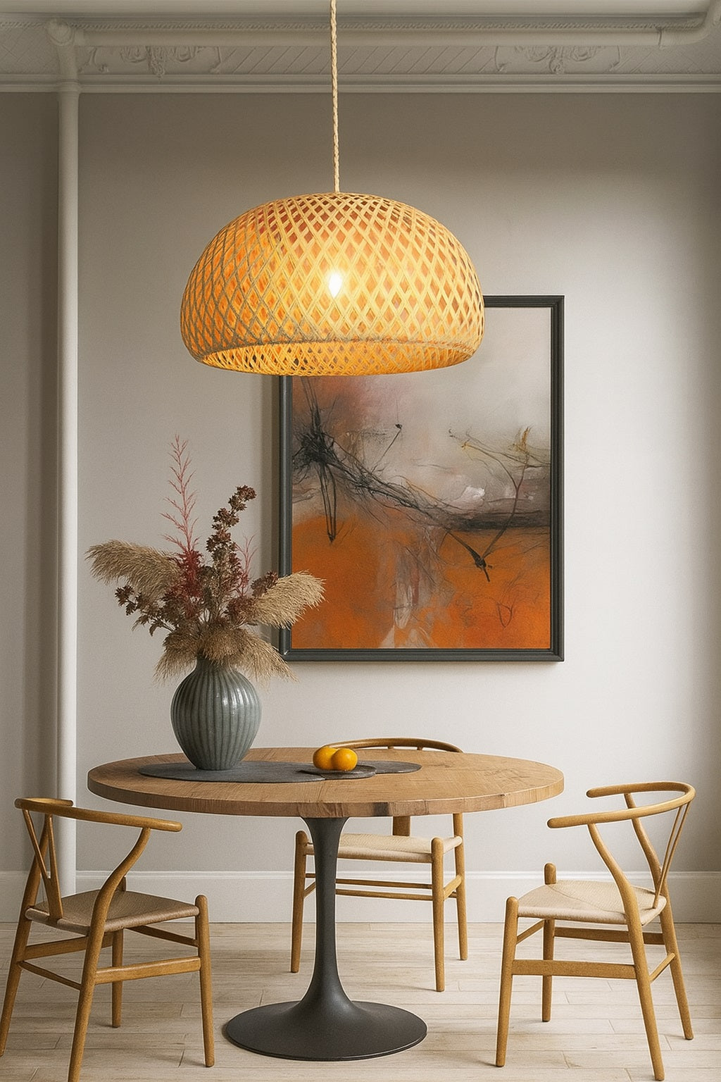 Suspension en rotin tressé demi-sphérique au-dessus d’une table ronde, dans un intérieur chaleureux au style naturel et moderne.