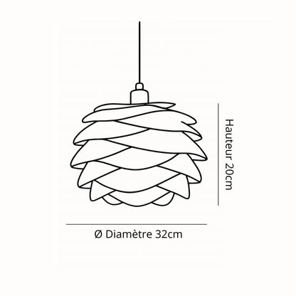 Schéma de suspension design en forme de pétales, dimensions 32 cm de diamètre et 20 cm de hauteur – fixation par câble.