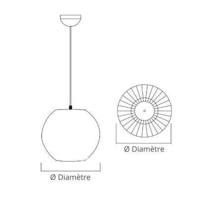 Schéma technique d’un abat-jour suspension rond avec indication du diamètre, vue de face et vue du dessous