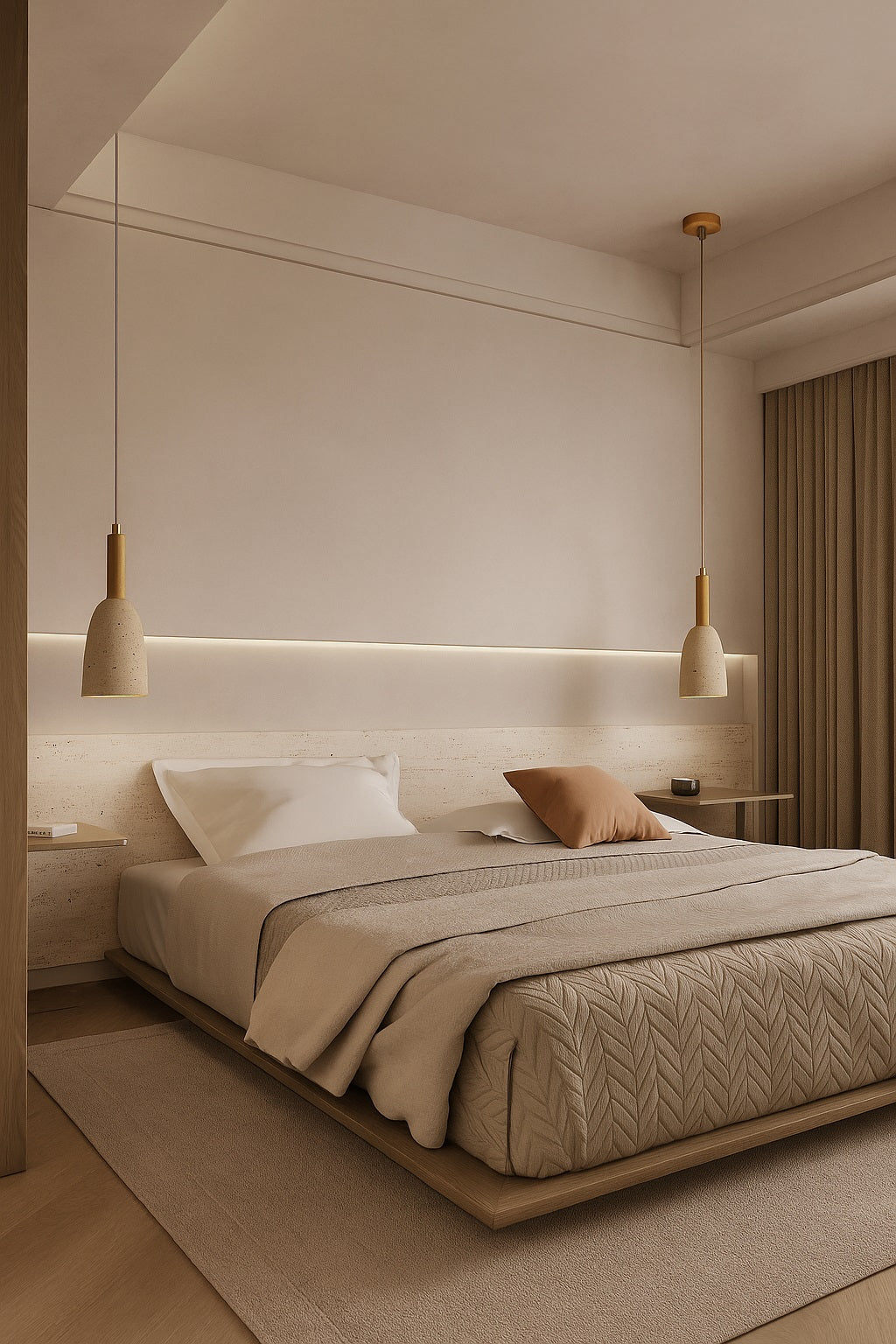 Suspension en travertin Bellaro au-dessus d’un lit, éclairage doux dans une chambre minimaliste.