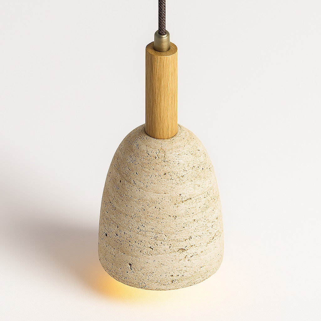 Abat-jour suspension Bellaro en travertin beige avec tige bois clair et câble textile.