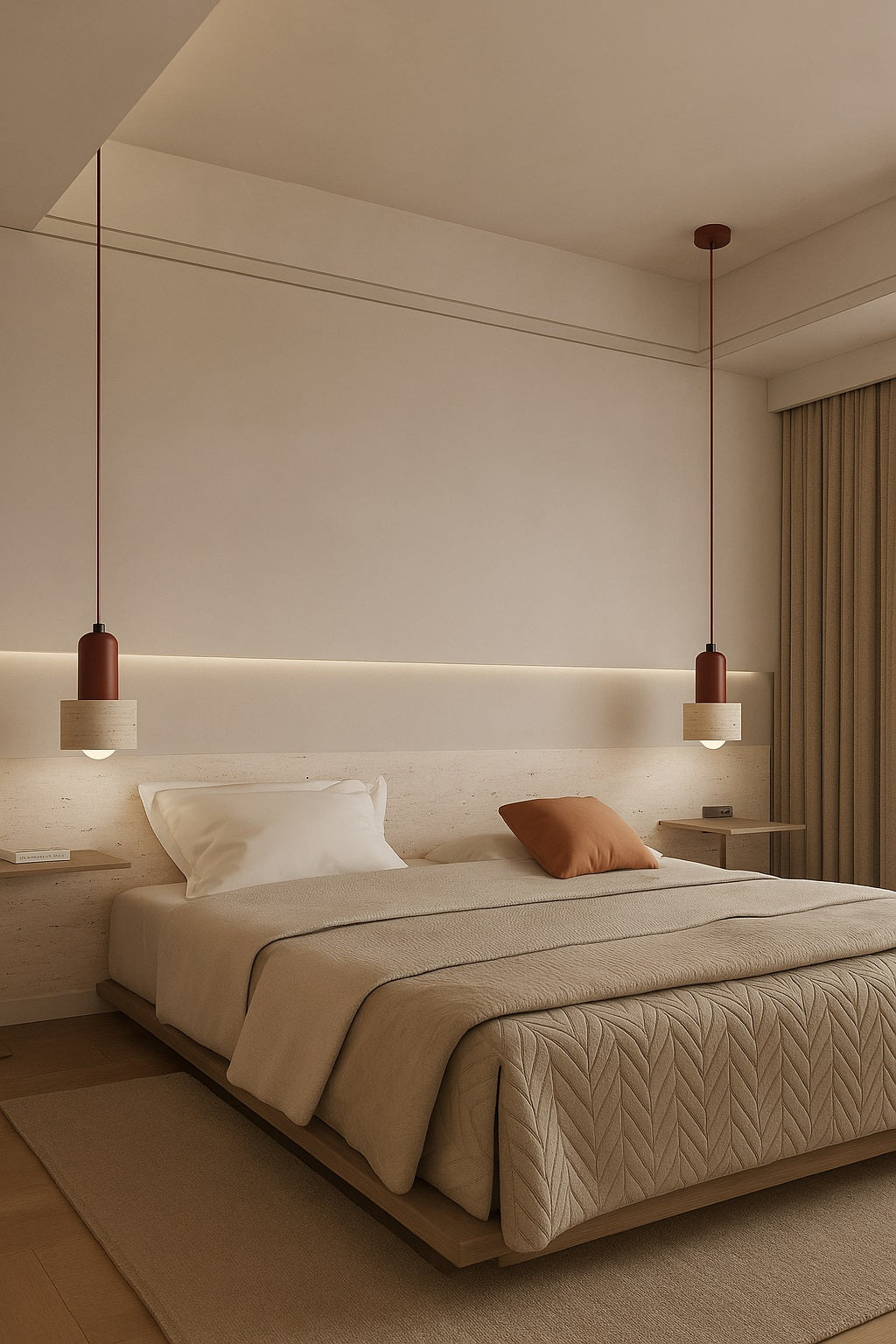 Suspension abat-jour en travertin et métal brun au-dessus d’un lit, design épuré et lumière douce dans chambre contemporaine.