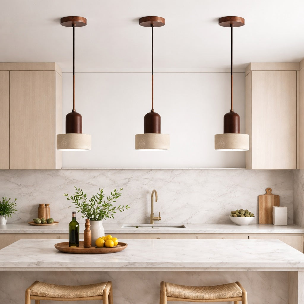 Abat-jour suspension en travertin au-dessus d’un îlot de cuisine, design naturel et élégant