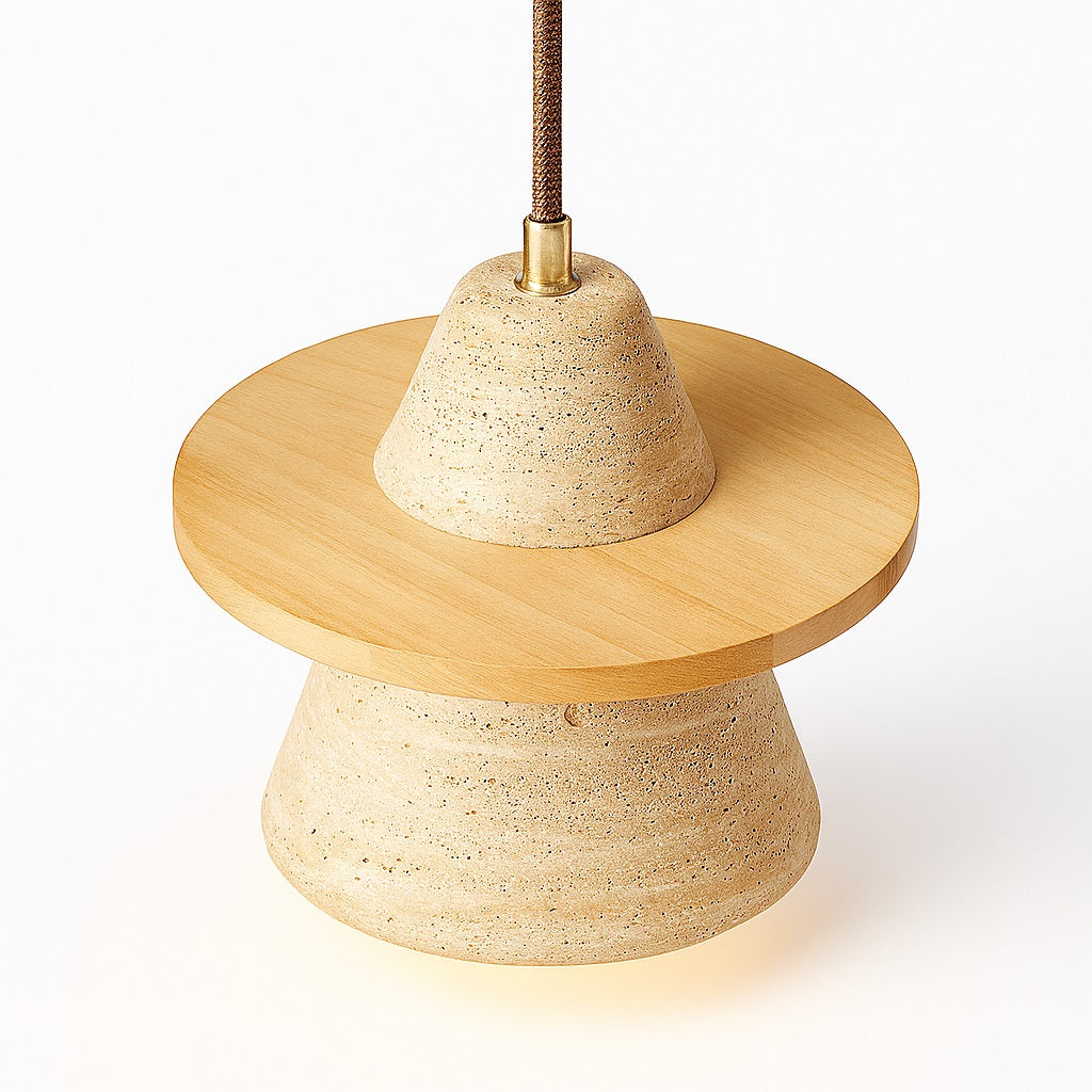 Suspension design en travertin et bois clair, style naturel et minimaliste, idéale pour une déco moderne et chaleureuse.