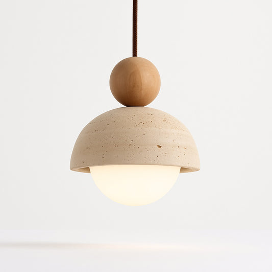 Suspension en travertin et bois avec globe lumineux diffus, style minimaliste pour salon, chambre ou cuisine.