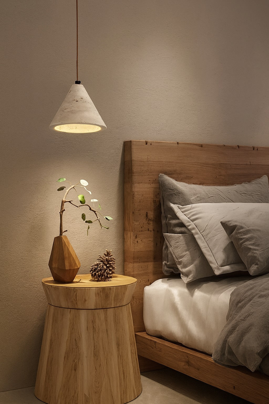 Suspension conique en travertin éclairant une table de chevet en bois dans une chambre naturelle au style chaleureux et minimaliste.