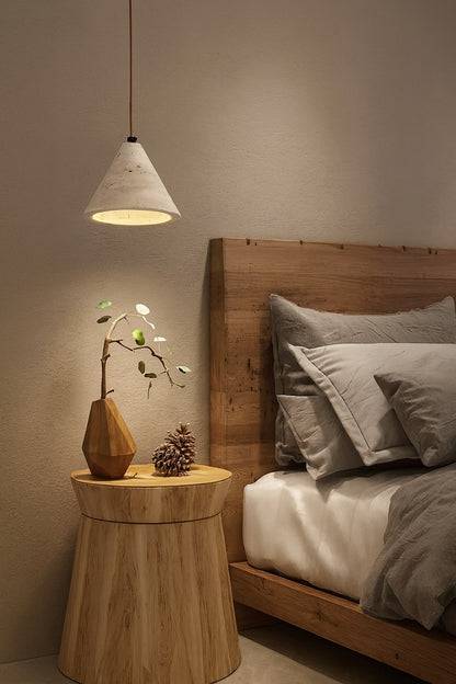 Suspension conique en travertin éclairant une table de chevet en bois dans une chambre naturelle au style chaleureux et minimaliste.