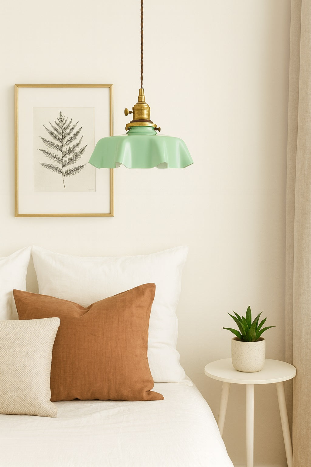 Suspension abat-jour vert clair pour lampe de chambre, décoration épurée aux tons naturels et apaisants