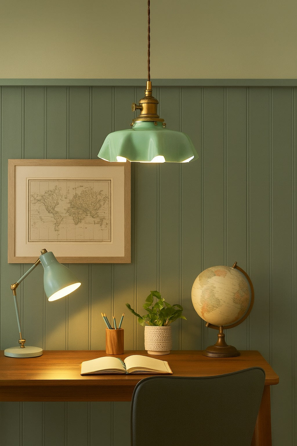 Lampe suspendue abat-jour vert pastel allumée, éclairant un bureau élégant en bois, ambiance feutrée