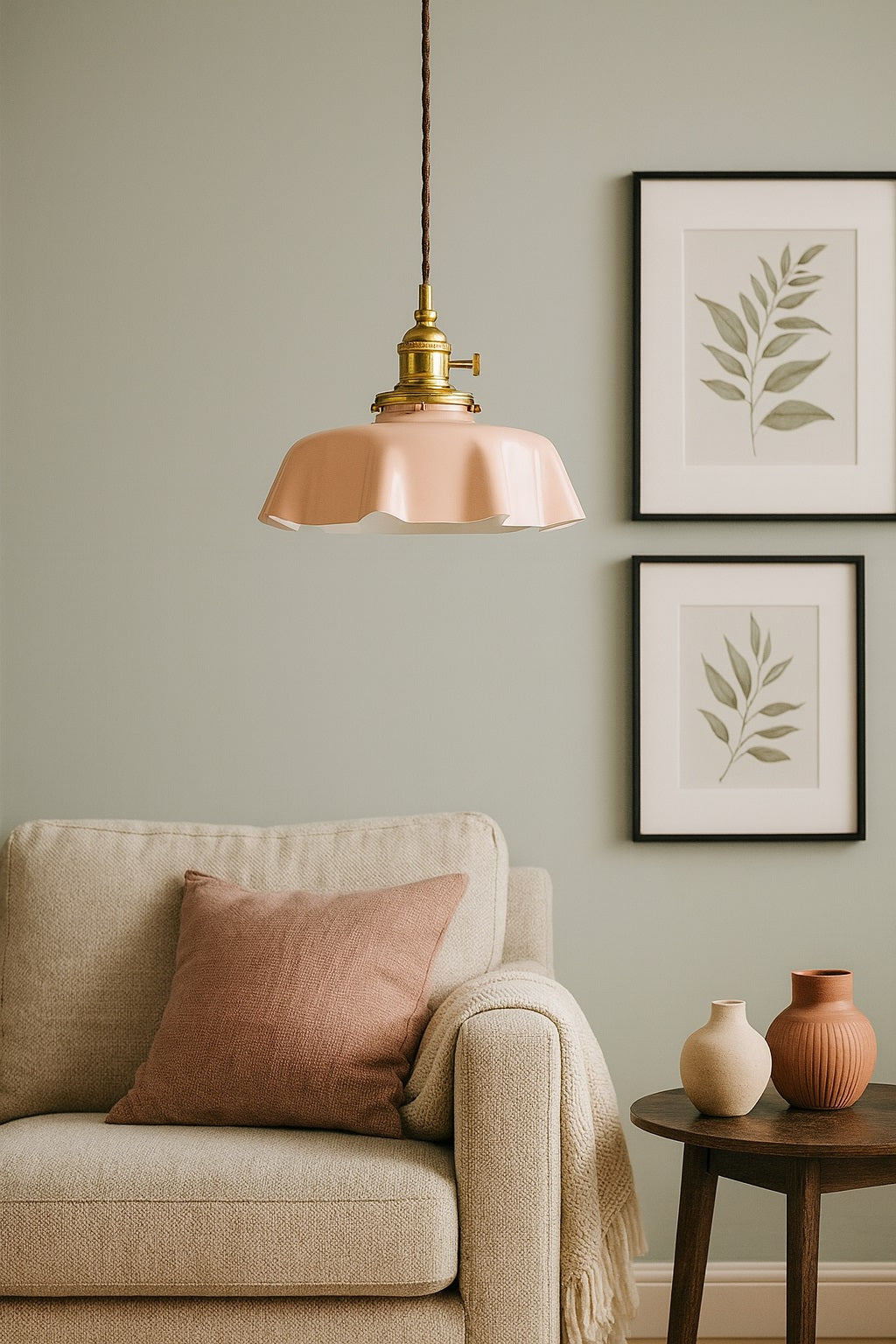 Abat-jour rose en verre pour lampe suspendue, décor de salon beige et vert doux, style naturel et raffiné