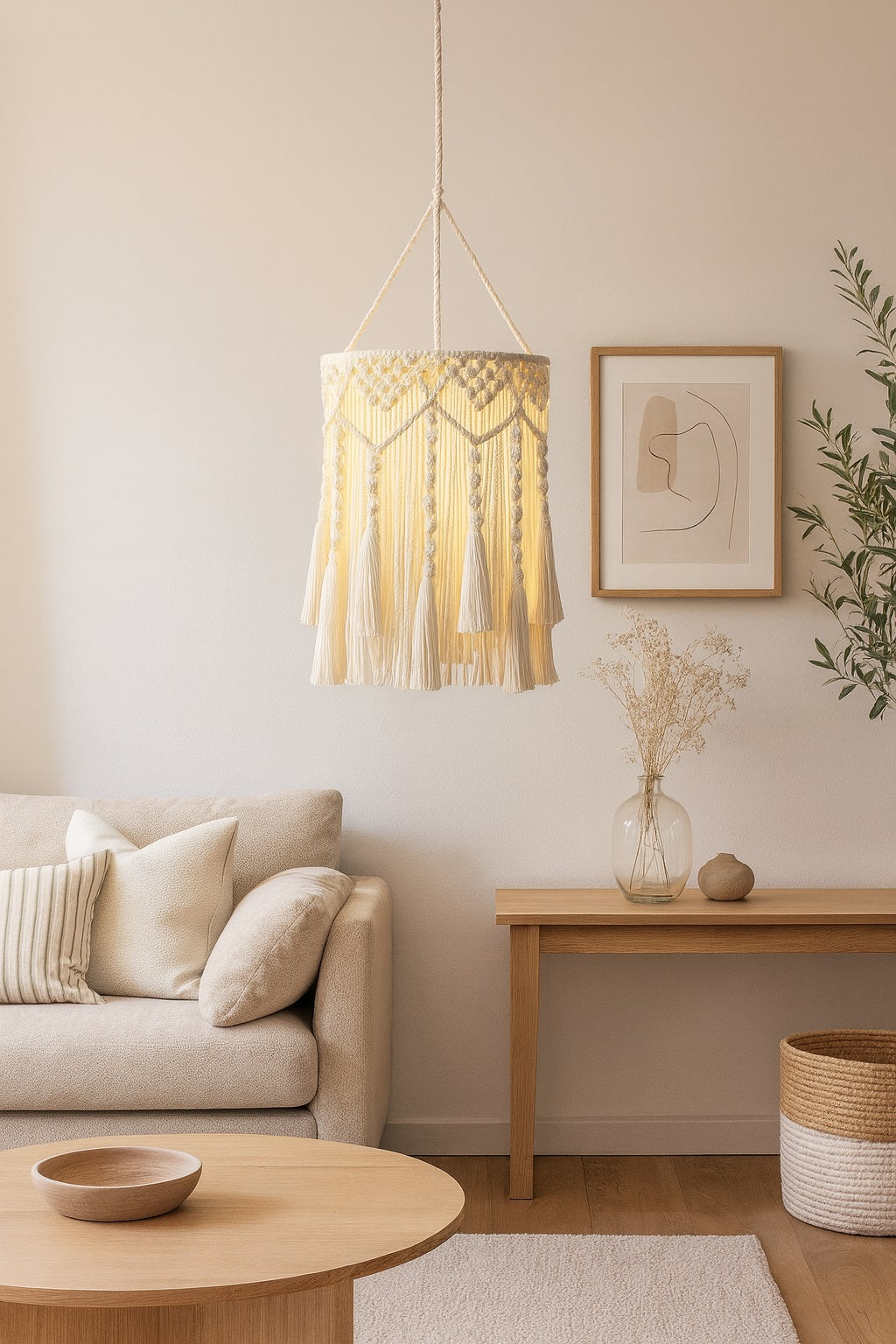 Suspension en coton blanc avec franges macramé, diffusant une lumière chaleureuse au-dessus d’un lit dans une chambre cosy.