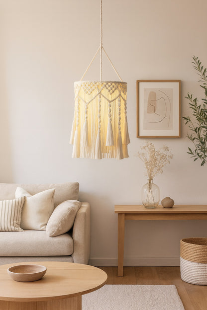 Suspension en coton blanc avec franges macramé, diffusant une lumière chaleureuse au-dessus d’un lit dans une chambre cosy.