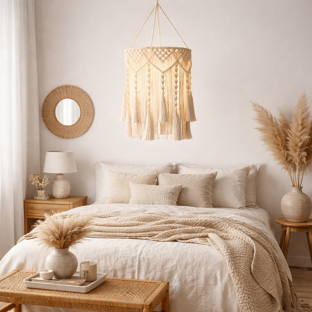 Abat-jour lampe suspendu en coton naturel dans une chambre bohème, abat-jour décoratif doux et chaleureux