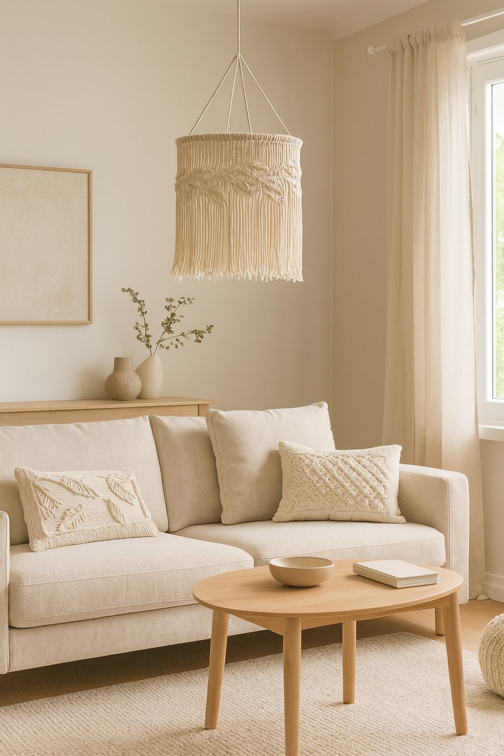 Suspension en coton blanc au tressage macramé suspendue au-dessus d’un lit, lumière douce et ambiance chaleureuse.