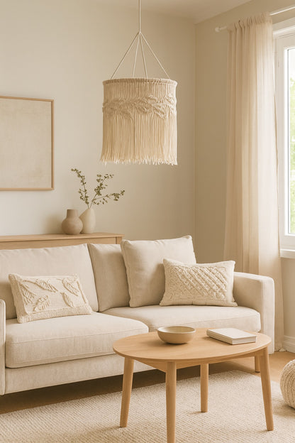 Suspension en coton blanc au tressage macramé suspendue au-dessus d’un lit, lumière douce et ambiance chaleureuse.