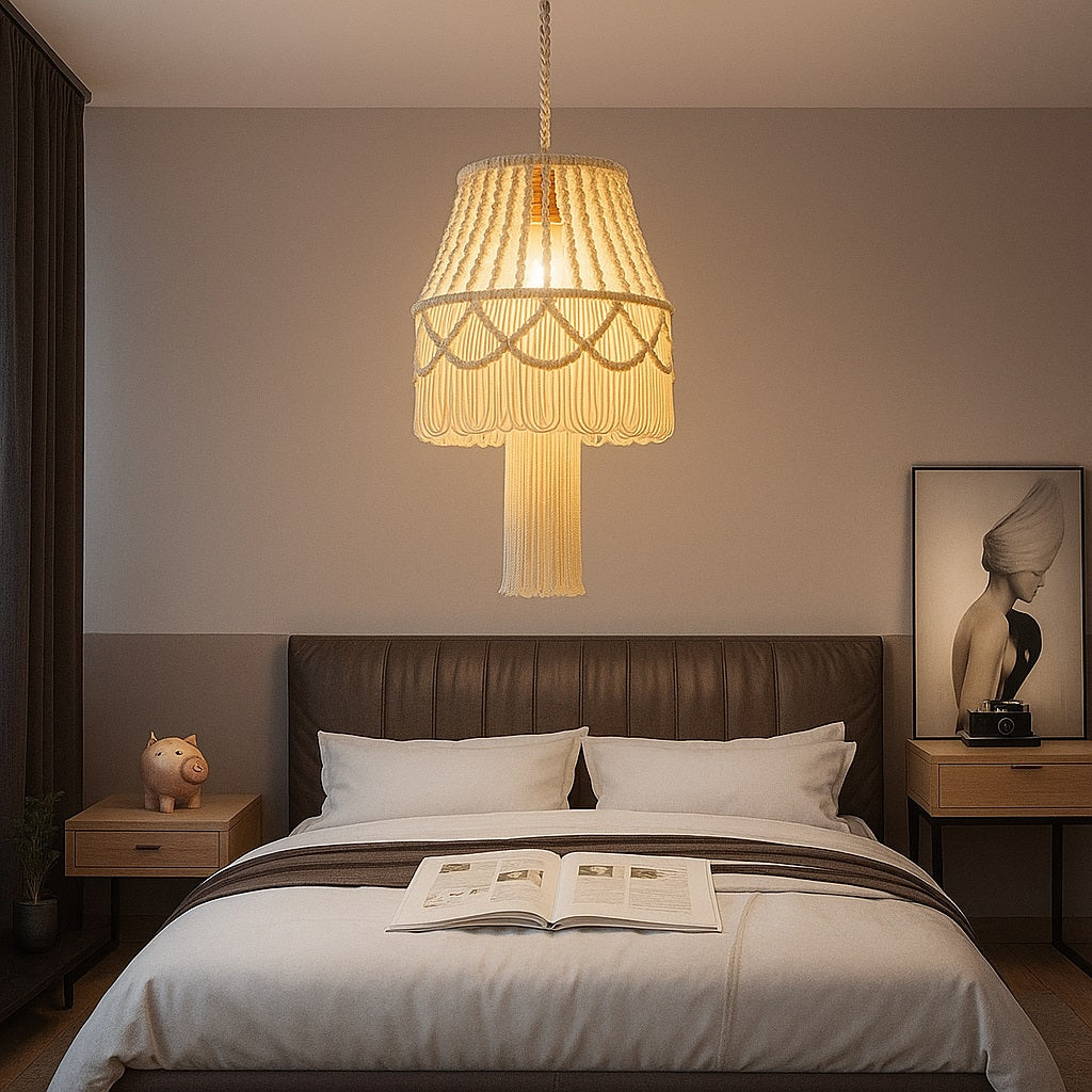 Suspension en coton blanc avec franges longues, éclairant une chambre moderne avec douceur et élégance artisanale.