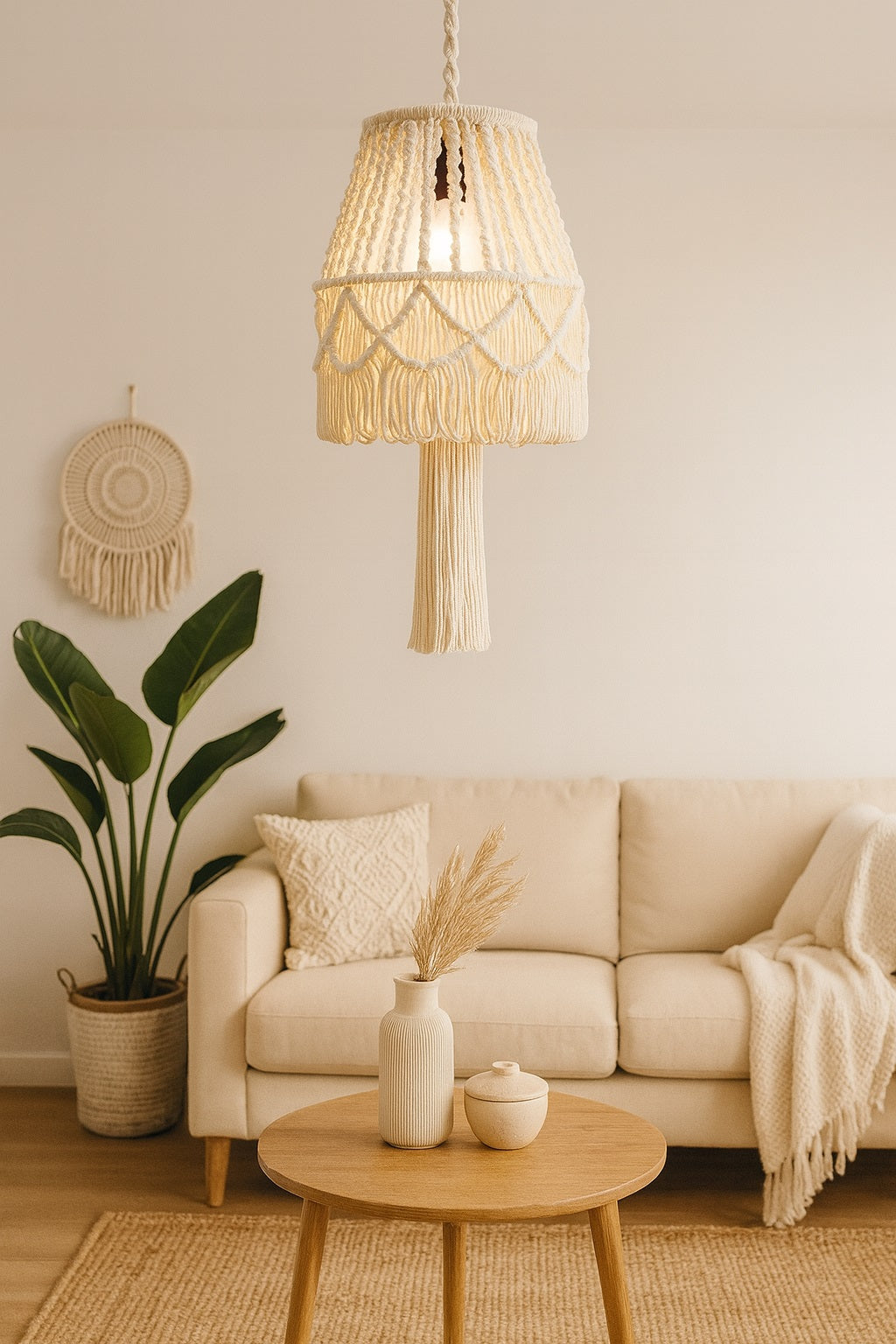 Suspension en coton blanc avec franges longues, éclairant une chambre moderne avec douceur et élégance artisanale.