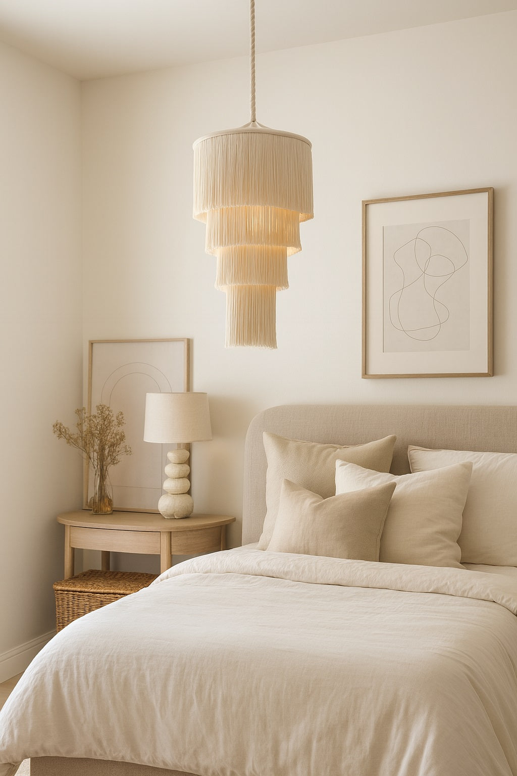 Suspension en coton blanc Lumae dans une chambre, design élégant à franges pour une lumière douce et tamisée.