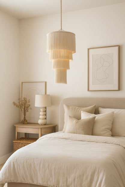 Suspension en coton blanc Lumae dans une chambre, design élégant à franges pour une lumière douce et tamisée.