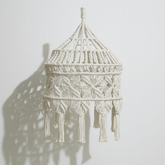 Suspension Maya en coton blanc noué à la main, avec motifs géométriques et franges, idéale pour une ambiance douce et bohème.