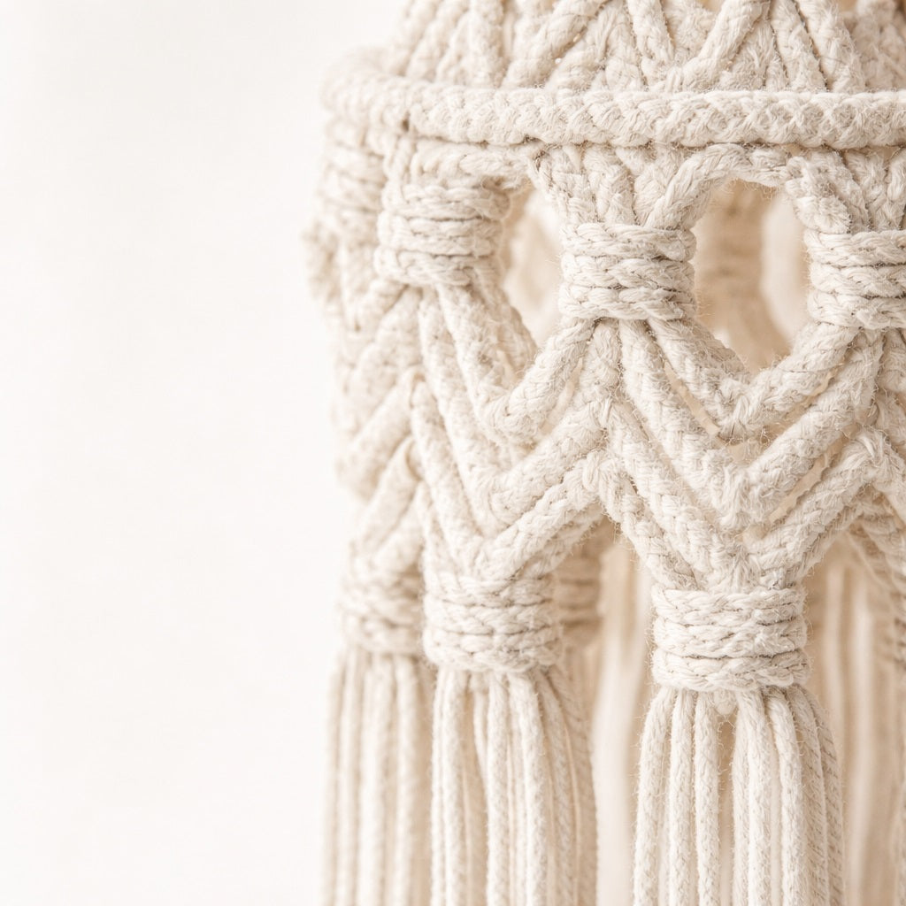 Gros plan sur abat-jour en coton tressé fait main, texture naturelle et finition macramé élégante.