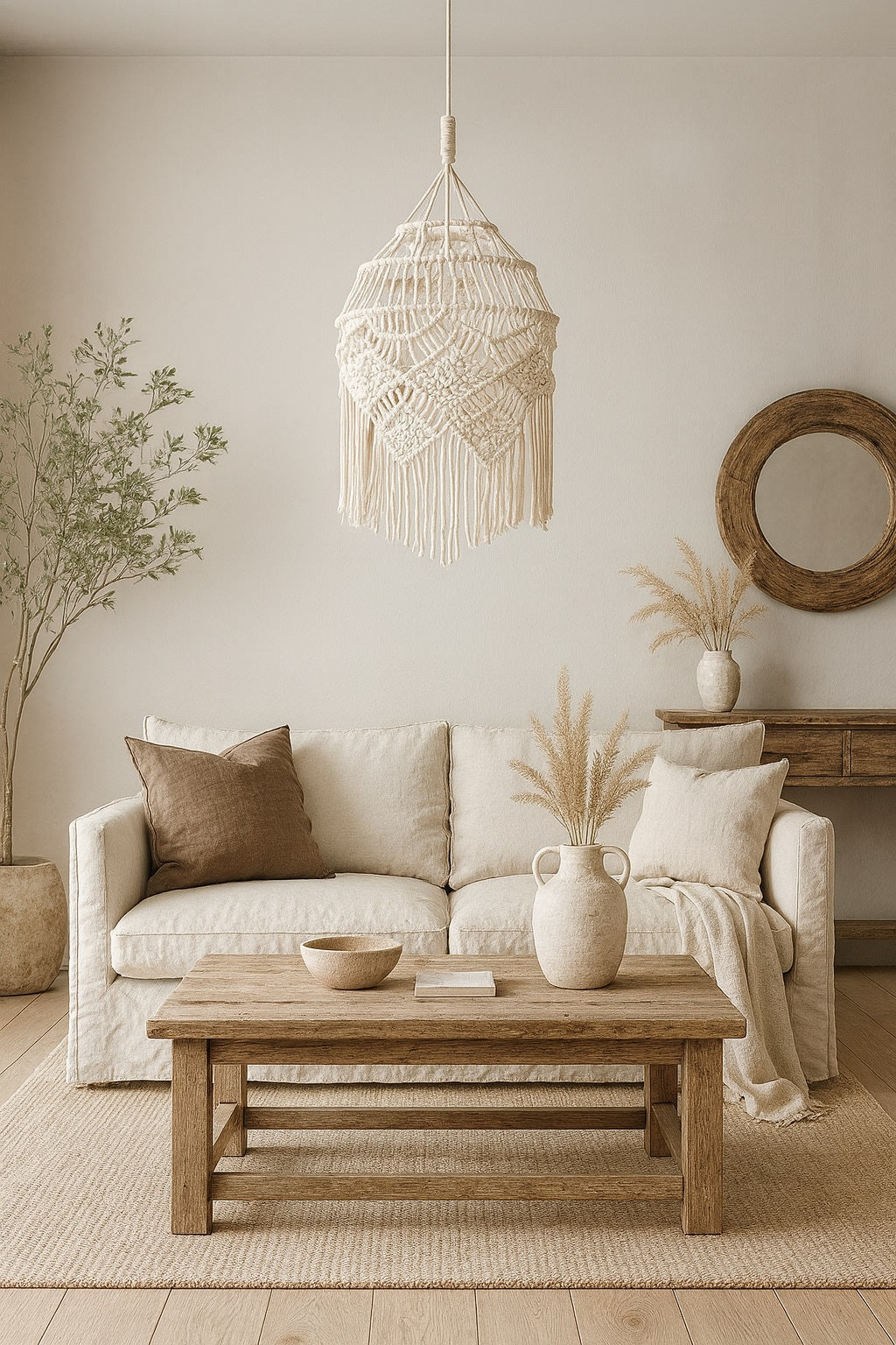 Suspension abat-jour blanc en coton macramé au-dessus d’un lit, ambiance chaleureuse et lumineuse