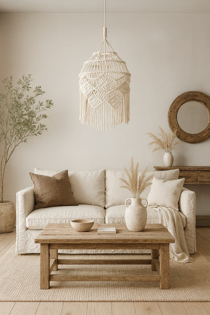 Suspension abat-jour blanc en coton macramé au-dessus d’un lit, ambiance chaleureuse et lumineuse