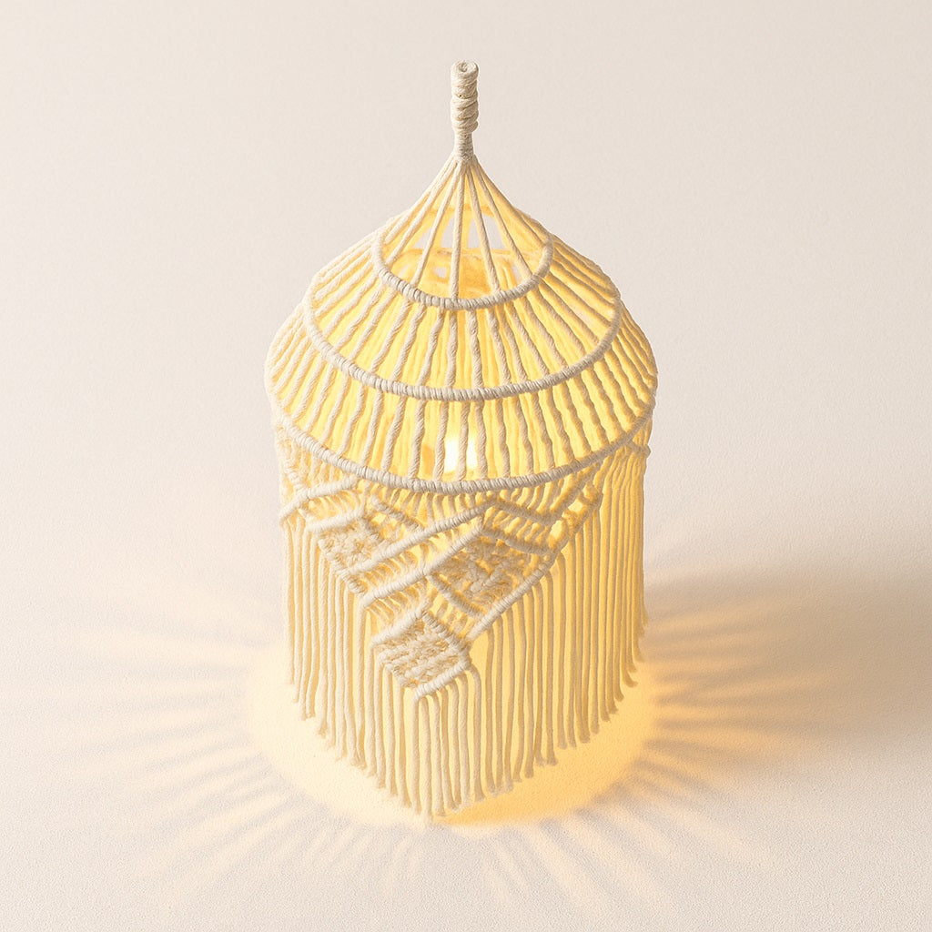 Abat-jour suspension en coton blanc allumé, tressage macramé projetant une lumière douce sur fond blanc