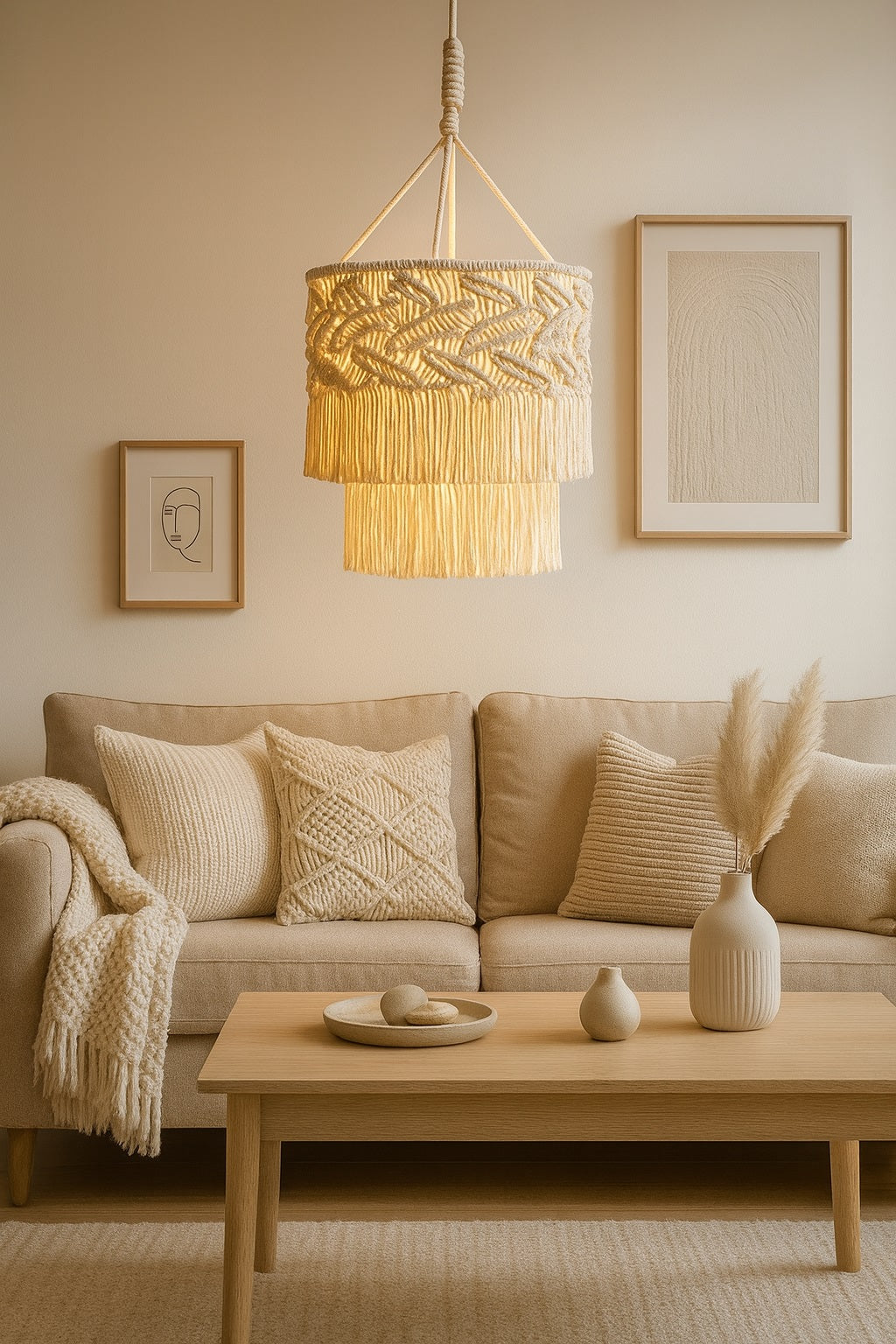 Suspension en coton blanc Noka avec franges, idéale en lampe centrale pour une chambre chaleureuse et moderne.