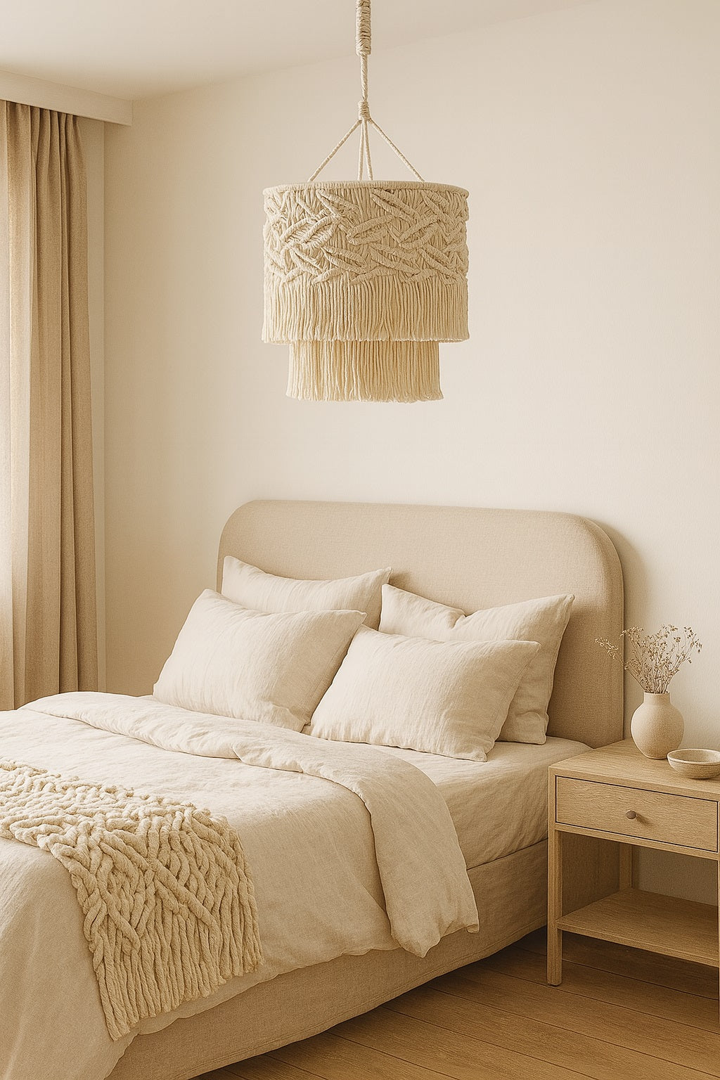 Suspension en coton blanc Noka avec franges, idéale en lampe centrale pour une chambre chaleureuse et cosy.