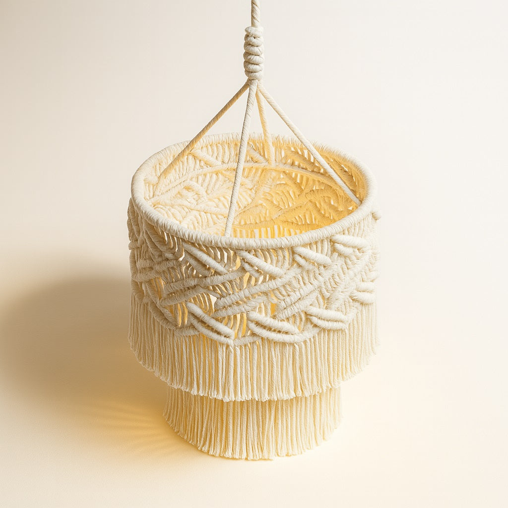 Abat-jour en coton blanc à double frange, tressage macramé finement travaillé et lumière douce en diffusion.