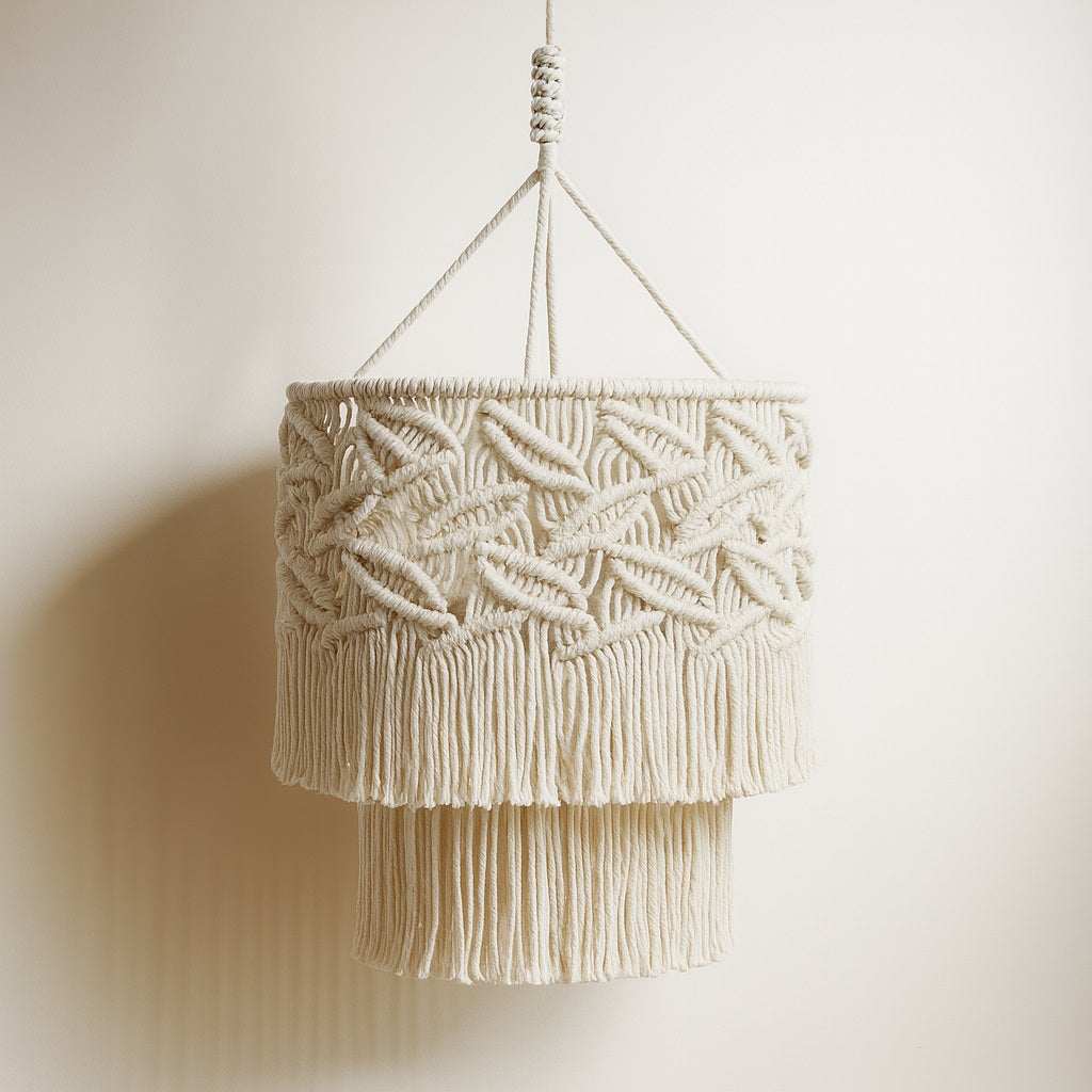 Abat-jour suspension blanc en coton tressé à franges, design cylindrique à deux niveaux, ombre portée sur fond clair