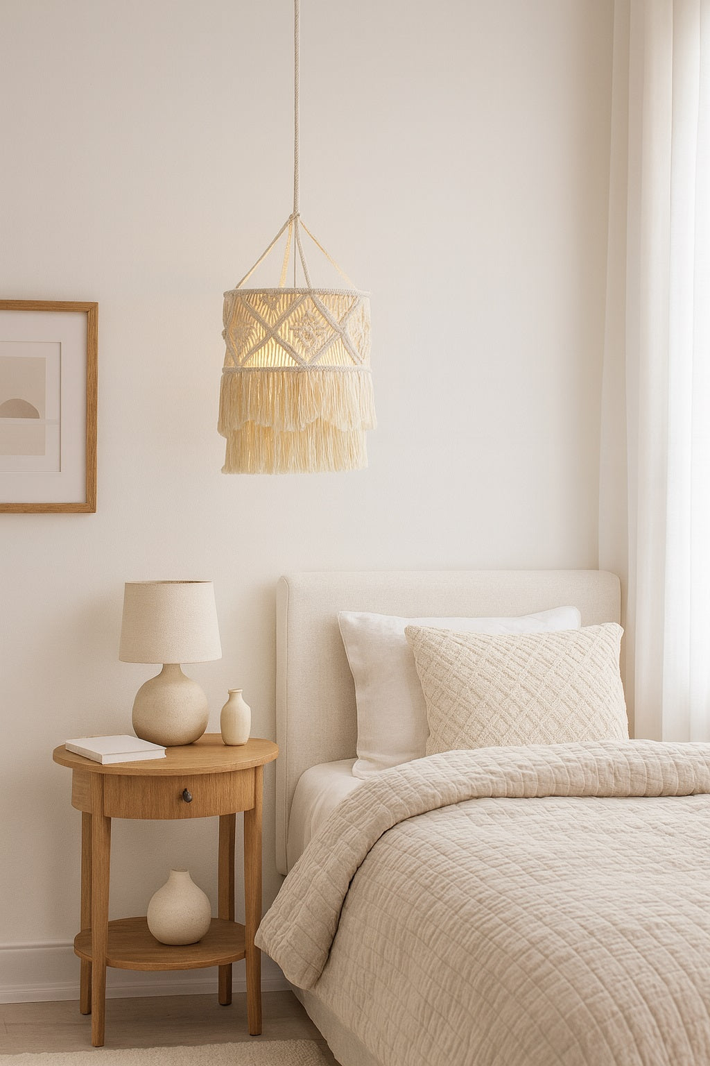 Suspension en coton blanc à franges, diffusant une lumière douce au-dessus d’un lit dans une chambre moderne et apaisante.