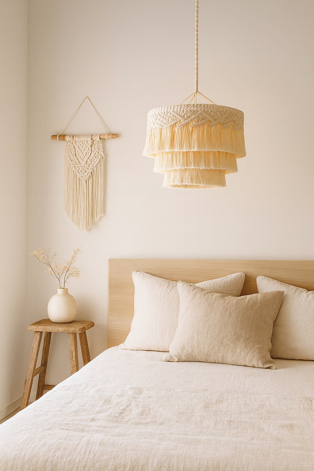 Suspension en coton blanc à franges superposées, installée au-dessus d’un lit dans une chambre élégante et contemporaine.