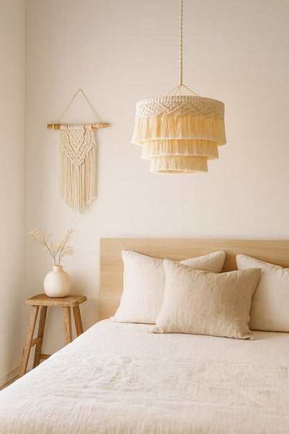 Suspension en coton blanc à franges superposées, installée au-dessus d’un lit dans une chambre élégante et contemporaine.