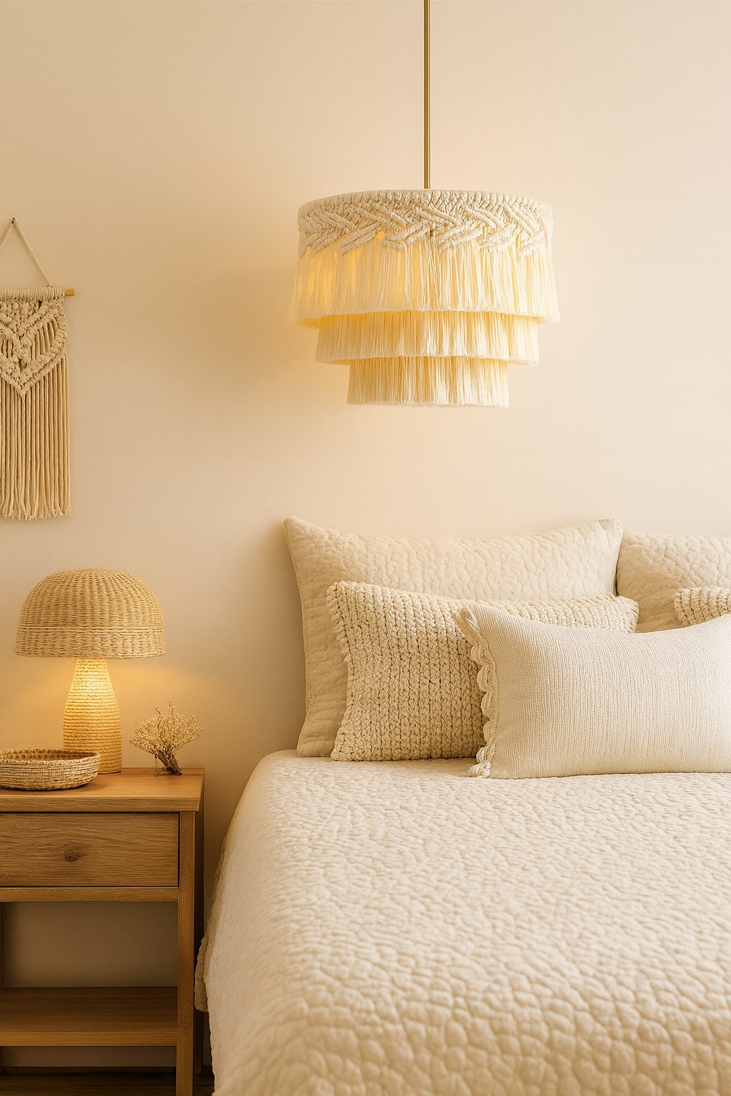 Suspension blanche en coton Yuma à franges, au-dessus d’un lit, créant une lumière douce dans une chambre moderne.