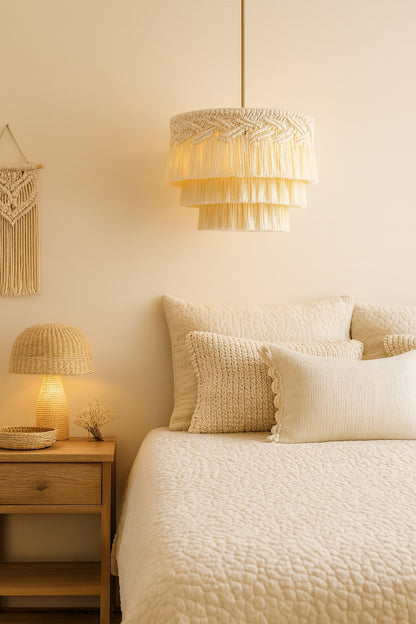 Suspension blanche en coton Yuma à franges, au-dessus d’un lit, créant une lumière douce dans une chambre moderne.