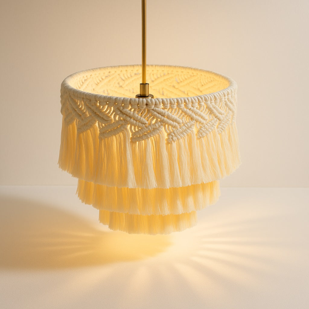 Abat-jour en coton blanc à trois niveaux de franges tressées, diffusant une lumière douce sur fond studio.