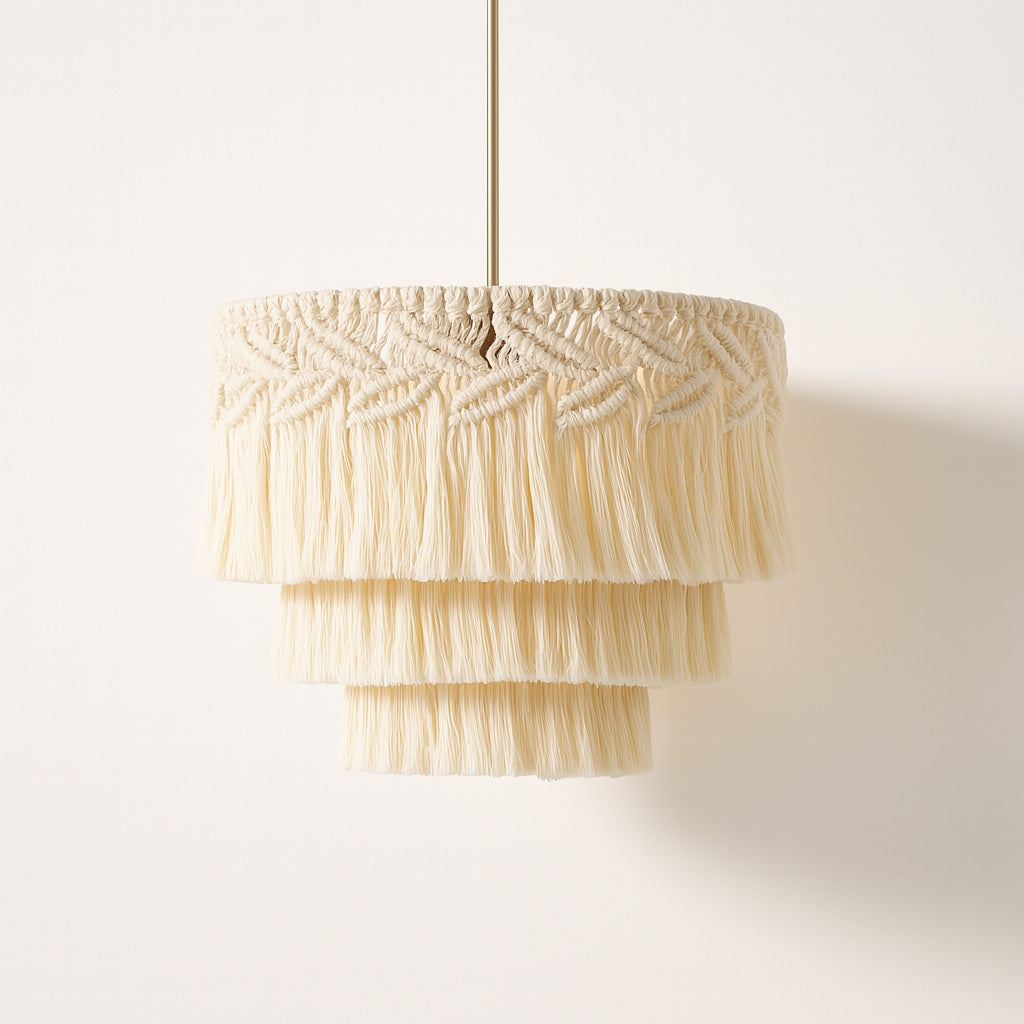 Suspension en coton blanc à franges tressées, abat-jour artisanal à trois étages pour une lumière douce et naturelle